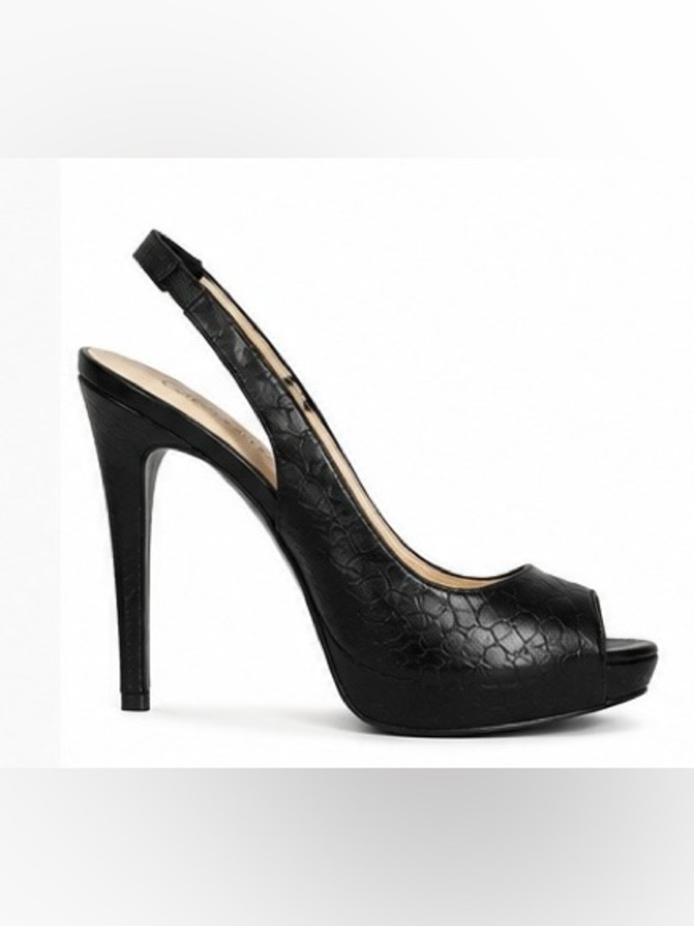 GUESS Black Snakeskin Embossed Peep Toe Platform Slingback Heels Size 6 - Picture 6 of 15